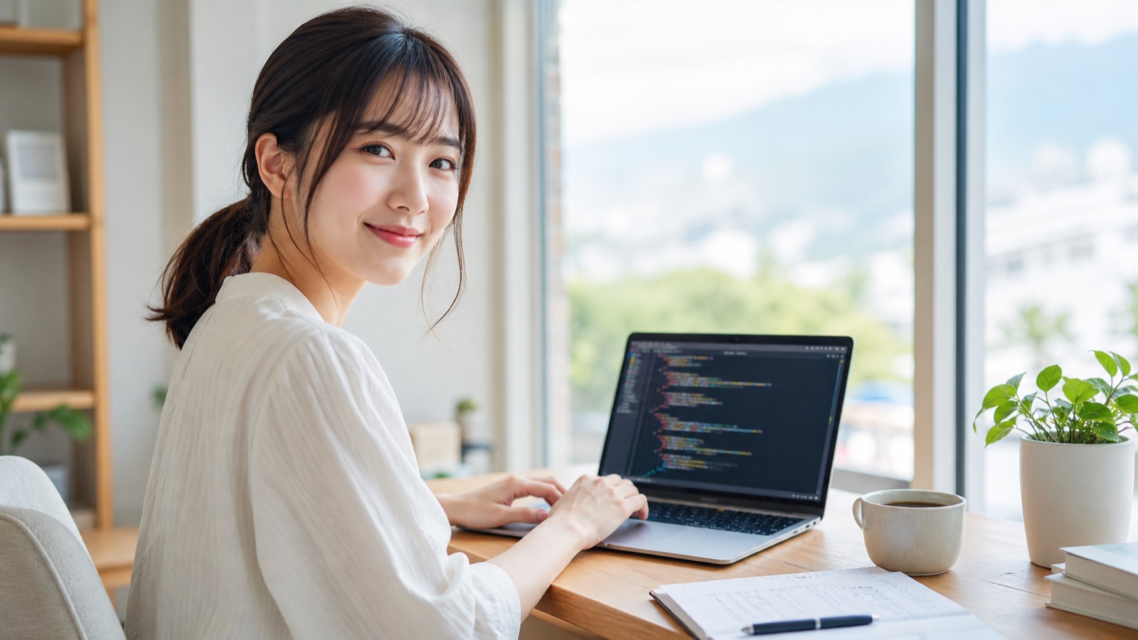 明るい部屋でノートパソコンに向かって学習する受講生